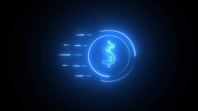 Glowing blue neon dollar coin icon moving fast with motion trails on a dark background