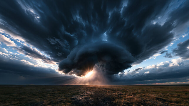 Dramatic Supercell Thunderstorm with Sunlight Over Plains
