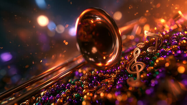 Mardi Gras Brass Instrument with Festive Beads and Musical Notes