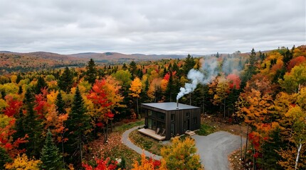 Obraz premium Modern cabin in a vibrant autumn forest with smoke rising from chimney