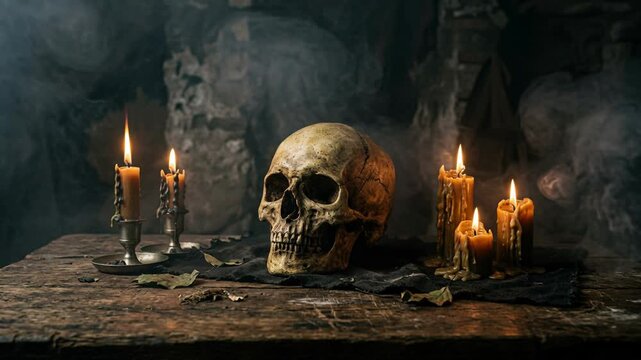 A human skull rests on a wooden table surrounded by lit candles. Spooky atmosphere creates a mysterious and eerie mood for viewers. Halloween 2026 dark horror seasonal holiday design concept.