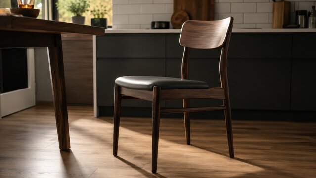 Modern Wooden Kitchen Chair Standing in Stylish Dining Area with Table. Concept of mid century modern, kitchen furniture, furniture, dining room, seat, wooden furniture, modern interior.