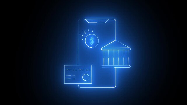 Neon blue mobile banking app interface with credit card and bank building icons on black background