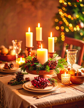 Mesa de navidad con velas y adornos navide&ntilde;os