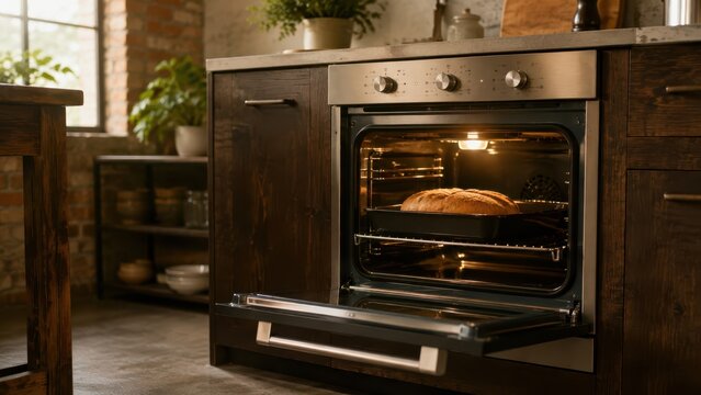 Fresh sourdough bread baking in modern built in oven inside cozy rustic wooden kitchen interior. Concept of electric oven, open oven, home baking, household appliance.