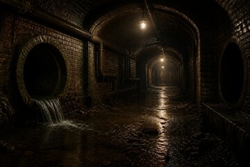 Fototapeta premium Dark tunnel flows with water under ancient brick arches. Light glows from distant fixture, casting eerie glow. Wet ground reflects beams, adding depth to scene. Cylindrical openings flank walkway