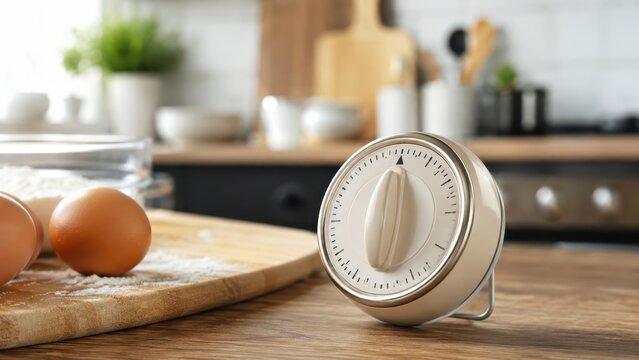 Retro kitchen timer on wooden table with baking ingredients in bright home interior. Concept of mechanical timer, egg, flour, cooking, kitchen counter, clock, countdown. Copy space.
