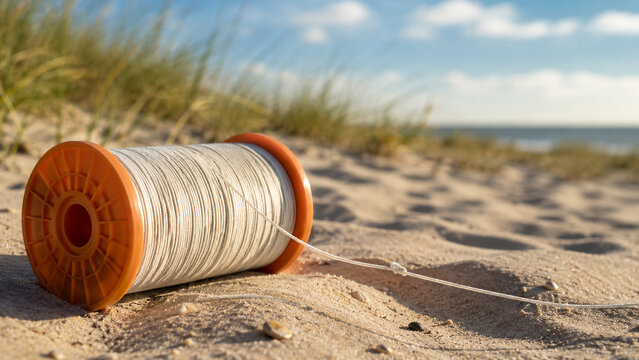 Kite string reel lying on a sandy beach shore during a sunny summer day. Concept of spool, sand, kite line, kite flying, outdoor activities, coast. Copy space.