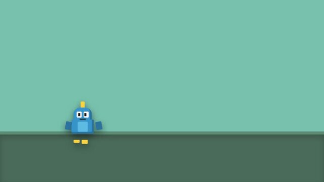 Cute blue pixel art robot walking on a green background