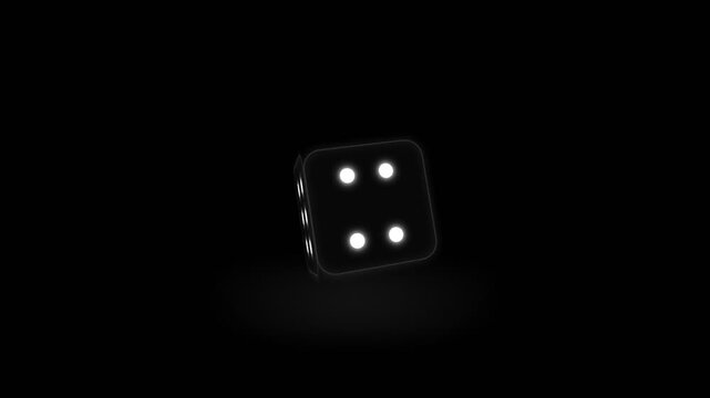 A single glowing black die rotating in a dark minimalist space.