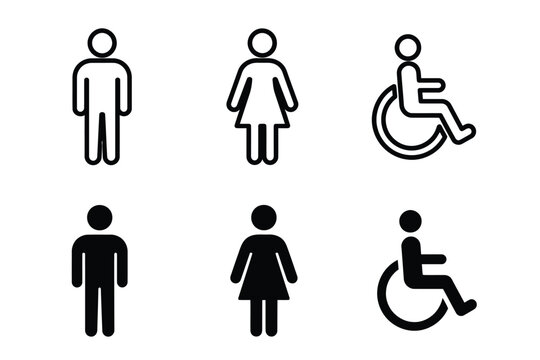 Accessibility icons with male, female, and wheelchair user silhouettes for inclusive design, signage, and UI