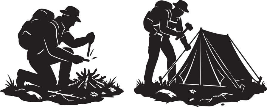 Hiker building campfire and camper setting up tent silhouette vector set