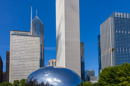 The Cloud Gate sculpture at  Millennium Park in Chicago Illinois USA