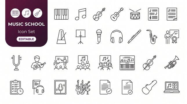 Music school icon set with instruments, lessons, and music education symbols.