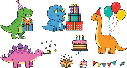 Cute Dinosaur Birthday Party Vector Element Set Featuring T-Rex Triceratops Brachiosaurus Stegosaurus with Colorful Gift Boxes Balloons Cake and Bunting Garland © MstAkhlima