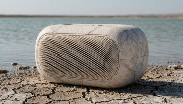 Round white cylindrical object textured surface appears made stone concrete has perforated design front restin