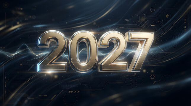 Metallic gold number 2027 on a dark glossy background with abstract digital waves, perfect for luxury event invitations or anniversary designs.