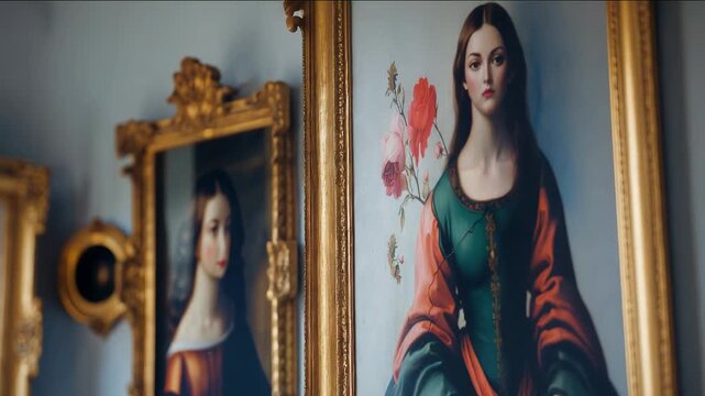 Exploring art in a historical gallery with Classic paintings and ornate frames