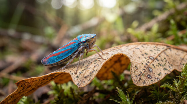 Colorful leafhopper insect on a dry autumn leaf in the wild forest macro. Concept of macro photography, blue insect, nature, micro photography, wild nature, arthropod.