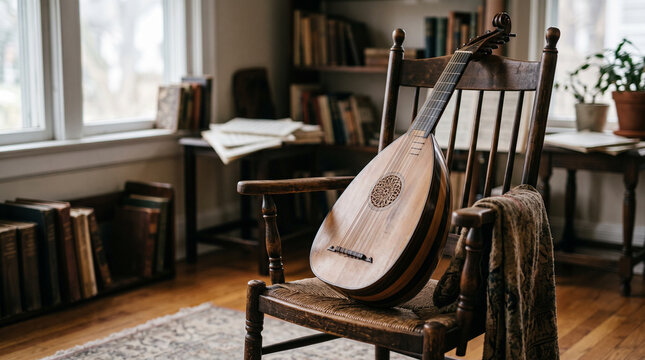 Vintage lute instrument resting on a wooden chair in cozy living room interior. Concept of musical instrument, acoustic music, renaissance, string instrument, antique. Copy space.