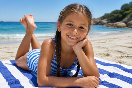 Young girl smiles, sun-kissed, on a beach towel. She rests her chin, eyes bright, on her hand. Blue and white stripes frame her relaxed, joyful pose. Ocean waves roll gently in the background