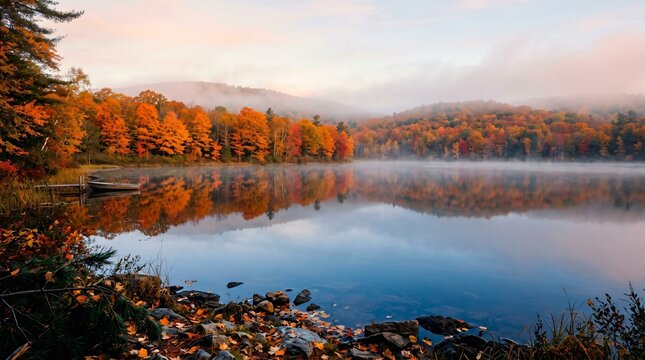 Misty autumn lake at sunrise, vibrant fall foliage reflecting on calm water, first day of autumn morning landscape with boat by dock.