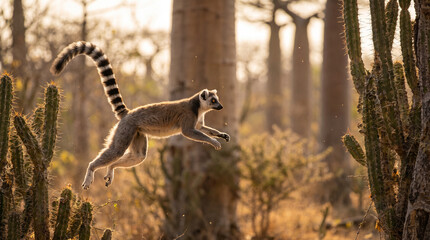 Fototapeta premium Ring tailed lemur jumping between spiny cactus plants in madagascar forest backlit sunset. Concept of wild animal, wildlife photography, baobab background, golden hour, sunset light. Copy space.