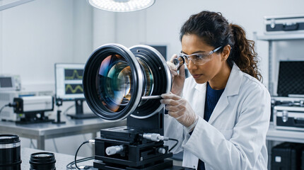 Fototapeta premium Female Scientist Inspecting Optical Lens Precision Equipment with Magnifier in High Tech Laboratory. Concept of optical engineer, science laboratory, precision engineering. Copy space.