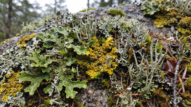 Detailed macro shot of green moss and yellow lichen growing on forest rock surface. Concept of nature, texture, flora, natural background, stone.