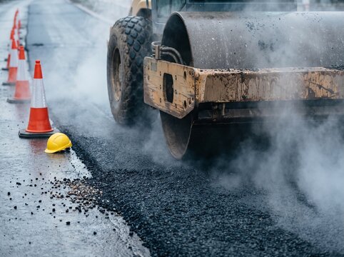 Road roller compacting hot asphalt on a highway construction site with steam and traffic cones