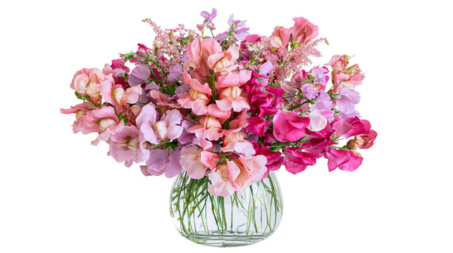 Isolated elegant bouquet of vibrant pink and purple sweet pea and astilbe flowers in glass vase