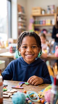 African American Boy Smiling During Creative DIY Craft Workshop
