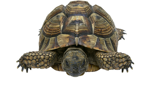 Isolated desert tortoise with intricate shell patterns and scaly skin facing viewer directly