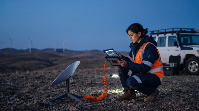 Female Engineer Testing Satellite Internet Receiver Connection in Remote Desert Location. Concept of lifeline, satellite dish, connectivity, technician, tablet, field work, outdoor. Copy space.