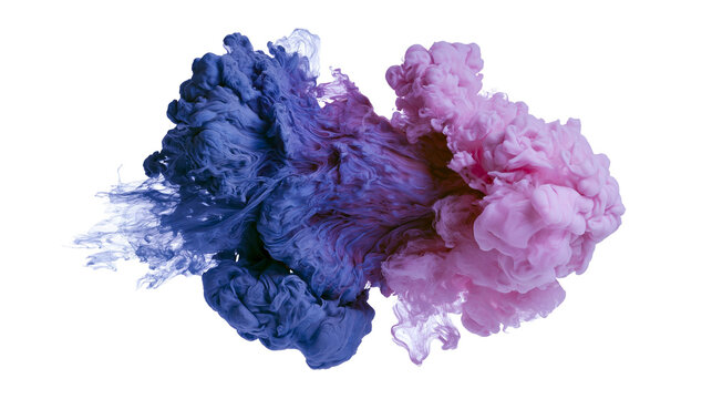 Isolated vibrant blue and pink ink clouds mixing in water creating an abstract fluid explosion effect.