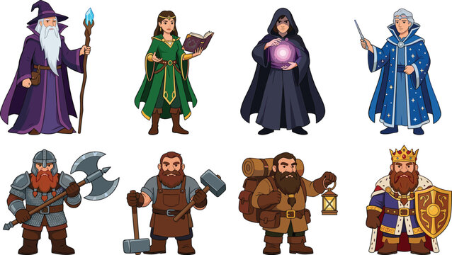 Fantasy RPG Character Vector Asset Set Featuring Magic Wizards, Sorcerers, Elven Mage, and Bearded Dwarf Warriors with Axe, Hammer, and Shield