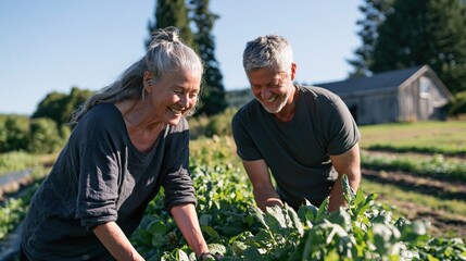 Fototapeta premium Senior partners harvesting vegetables and smiling in a bright farm garden for sustainable living banner and community agriculture background