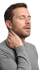 Fototapeta premium Health wellness, mature man touching neck suffering pain isolated on transparent background.