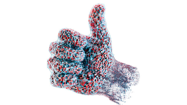 Isolated abstract digital thumbs up hand gesture with interconnected geometric cubes.