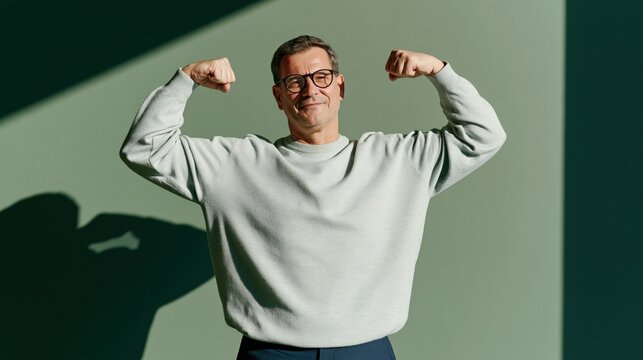 Mature man flexing biceps with confident smile studio portrait for health banner and senior fitness background and lifestyle design