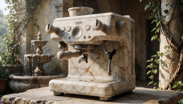 Old vintage-looking coffee machine sitting stone pedestal garden made white marble gold-colored speckled patte