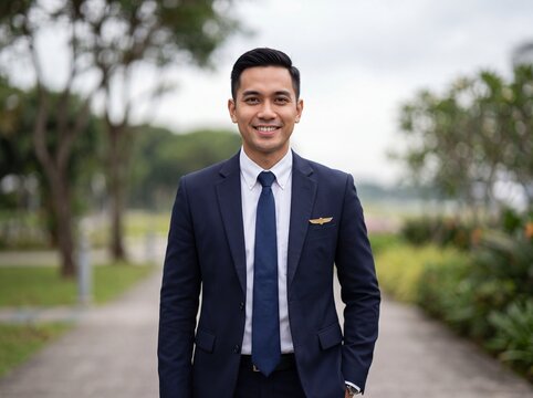 Young Southeast Asian Male Flight Attendant Professional Portrait POV
