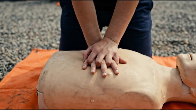 Hands Performing Cardiopulmonary Resuscitation cpr Chest Compressions on a Realistic Medical Training Mannequin Outdoors