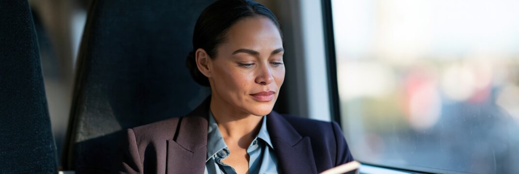 Businesswoman reading tablet on train window seat for corporate commuter background and professional travel lifestyle image