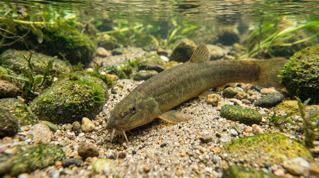 Wild loach fish swimming underwater in clean freshwater stream over gravel bottom. Concept of riverbed, aquatic life, underwater photo.