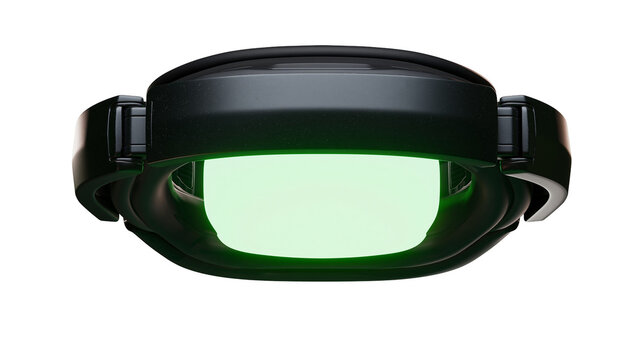 Isolated futuristic black wearable technology device with vibrant glowing green light