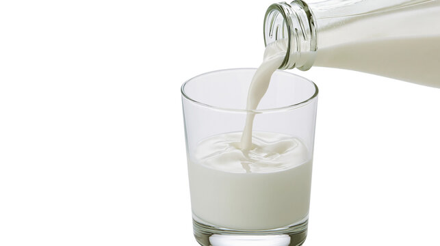 Isolated fresh milk pouring from glass bottle into clear drinking glass creating splash