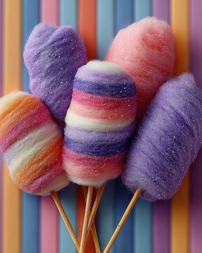 Vibrant purple and pink cotton candy sticks on striped pastel background, high saturation