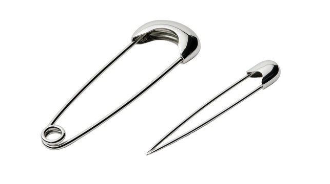 Isolated Two polished chrome safety pins, different sizes, essential garment accessory.