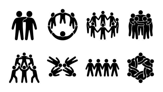 Teamwork Icons Set: Diverse Human Group Connections, Unity & Collaboration Vector Graphics